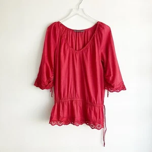 Zara Small Peasant Tunic Top Eyelet Red V Neck Drawstring 3/4 Sleeves Boho - Picture 1 of 5