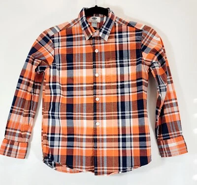Boys Old Navy Long Sleeve Blue Orange Plaid Button Up Stretch Shirt M (8) - Image 1 of 3