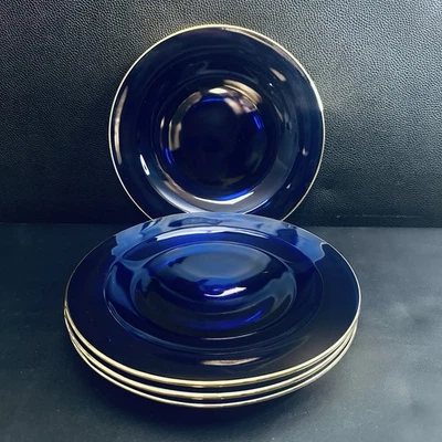 4 Cobalt Blue Glass Salad Plates Gold Rim Plate Set Vintage 8” - Image 1 of 4