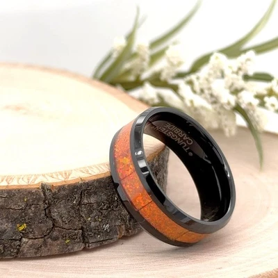Anillo Regalos Navidad Naranja Ópalo de Fuego Incrustación Banda Sin Arañazos 8mm Negro Tungsteno Foto 1 de 4