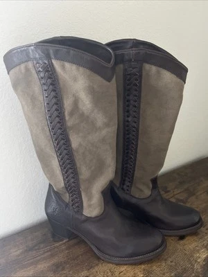 Frye Jane Trenzado Cuero Lona Bota de Montar Marrón EE. UU. 8 1/2 B 77225 Vaquero Occidental Foto 1 de 4