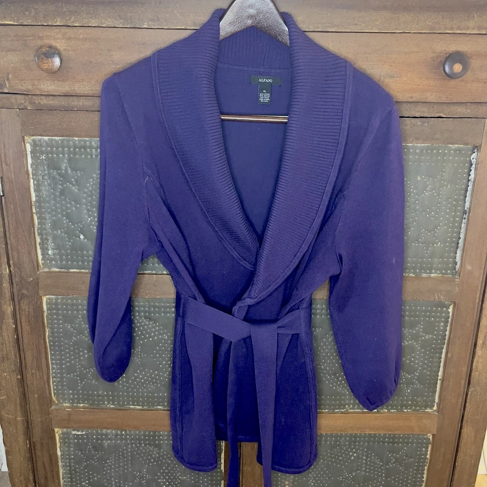 Cárdigan envolvente Alfani para mujer XL púrpura manga 3/4 cinturón cuello mezcla algodón Foto 1 de 4