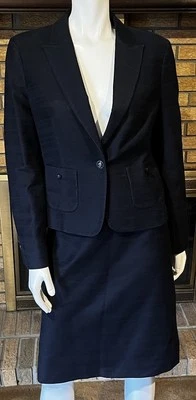 Brooks Brothers Textured Navy Cotton Blend Skirt Suit Anchor Button Size 12 - Image 1 of 4