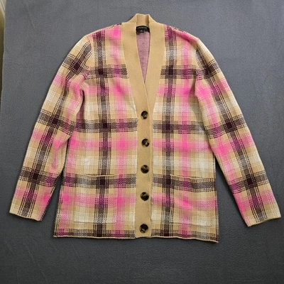Ann Taylor Women M Tan Pink Plaid Button Front Boyfriend Cardigan - Image 1 of 4