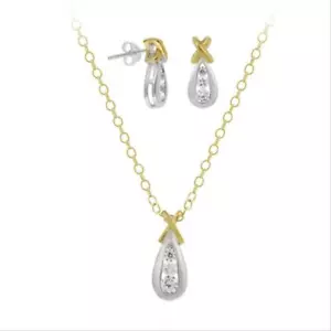 18K Gold über 925 Silber Bicolor CZ "X" und Träne Anhänger & Ohrringe Set - Bild 1 von 1