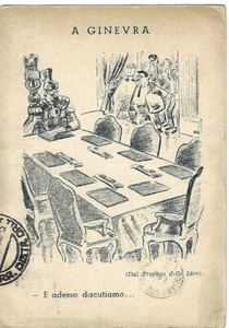 1938 Italian Comic Line Drawing Postcard "Geneva And Now We Discuss" - Picture 1 of 2