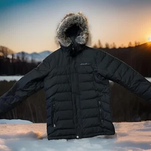 NWT Eddie Bauer Boundary Pass Parka Size Medium Down Black Coat Puffer - Picture 1 of 6