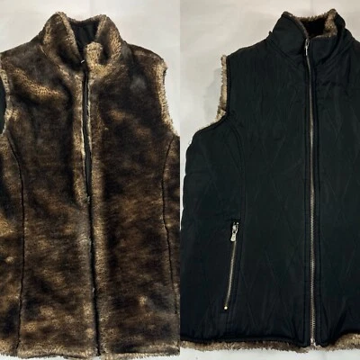 Reversible Fur Vest Womens M Brown Black Quilted Puffer Sleeveless Sweater READ - Image 1 of 4