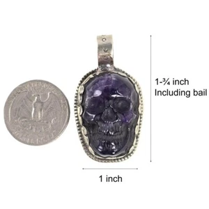 Handgeschnitzter lila Amethyst Stein großer Totenkopf Tibetisches Silber Anhänger Boho Unikat - Bild 1 von 6