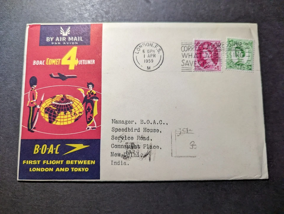 1959 Inglaterra correo aéreo primer vuelo cubierta FFC Londres a Nueva Delhi India cometa 4 Foto 1 de 2