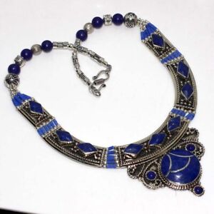 925 Silver Plated-112gms Lapis Lazuli Nepali Tribal Necklace Jewelry 15" GW