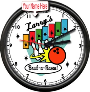 Bowling Alley Personalized Your Name Bowl-A-Rama Bowler Retro Sign Wall Clock - Picture 1 of 1