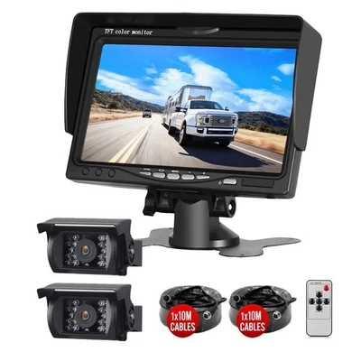 Backup Camera System Night Vision 4PIN 7" Monitor 2x 10m for Trucks/RV/Bus - Image 1 of 4