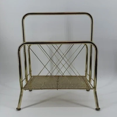 Vintage Gold Tone Metal Magazine Rack Holder Stand MCM Style - Image 1 of 4