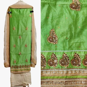 TUTA VERDE-BEIG SETA INDIANA PAKISTANA SALWAR KAMEEZ MATERIALE LAVORATO A MANO DONNA DEN - Foto 1 di 4