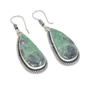 Natural Ruby Zoisite Gemstone 925 Starling Silver Jewelry Earring Size 2" - Picture 1 of 1