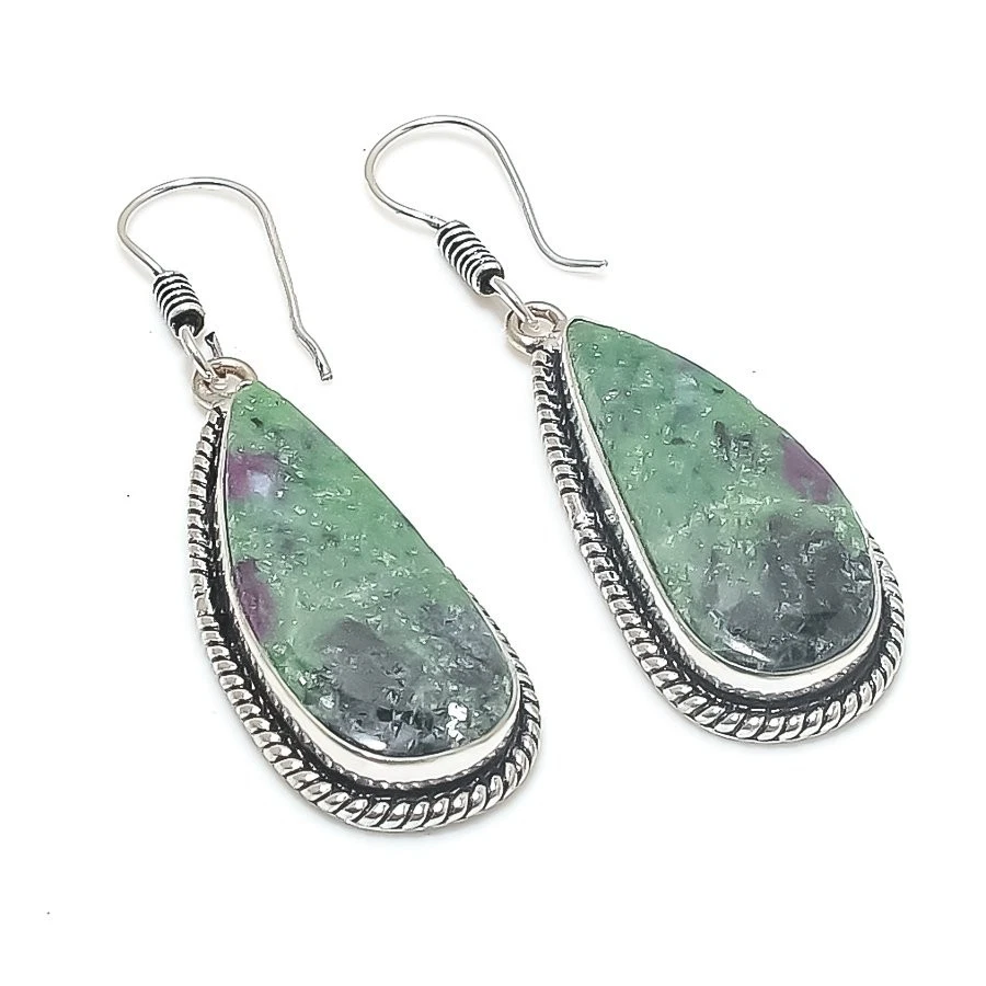 Natural Ruby Zoisite Gemstone 925 Starling Silver Jewelry Earring Size 2" - Image 1 of 1