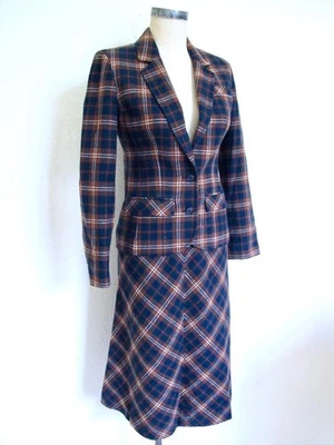Vintage 1970s Young Pendleton Wool Plaid Skirt Suit XS 3 4 Blazer Brown Navy Red - Image 1 of 4