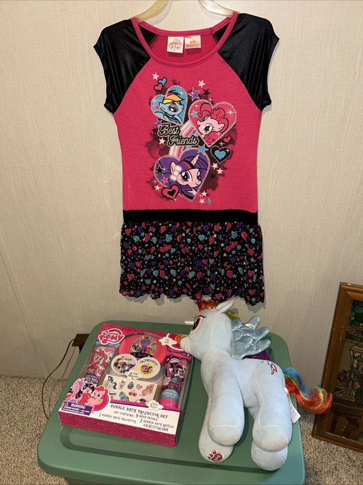 My Little Pony pink & black Dress ,bubble bath set.& plush toy M 7-8 - Image 1 of 4