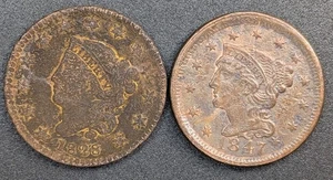 Two U.S. 1C Large Cents 1828 Coronet Head Small Wide Date and 1847 Braided Hair - Picture 1 of 2