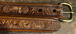 Vintage USA Made TOOLED Leder Gürtel 36 Handarbeit Enten Vollnarben Rindsleder - Bild 1 von 8