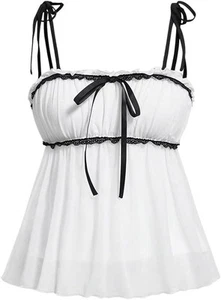 White and Black Lace Trim Spaghetti Strap Baby Doll Camisole Size Small - Picture 1 of 5