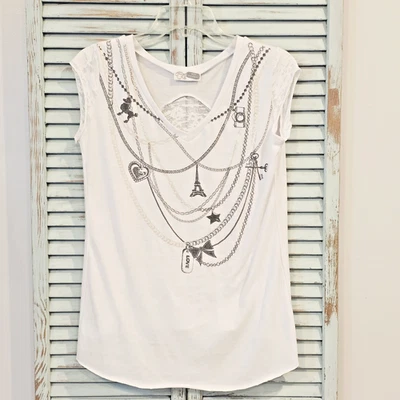 NEW RECRUIT Womens White Paris Chain Graphic Cap Sleeve Maternity Blouse Top EUC - Image 1 of 4