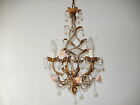 ~c 1920 French White Opaline Beaded Crystal Flowers Roses Helix Tole Chandelier~