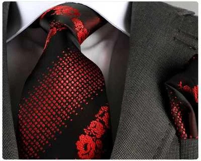 ITALIAN DESIGNER Milano Exclusive ROSE RED & BLACK FLORAL SILK TIE & HANKY  - Image 1 of 3