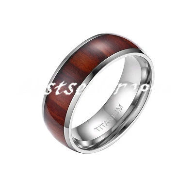 Alianza de boda de ajuste cómodo con incrustaciones de madera de koa abovedada de 8 mm talla 6-14 Foto 1 de 4