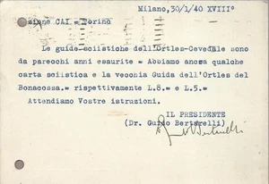 GUIDO BERTARELLI _AUTOGRAFO SU CARTOLINA CENTRO ALPINISTICO ITALIANO_MILANO 1940 - Picture 1 of 1