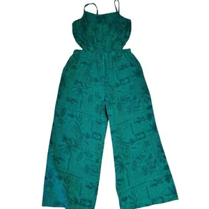 Green 100% Cotton Print Jumpsuit Pull-On Open Sides Girls Size L 10/12 - Picture 1 of 7