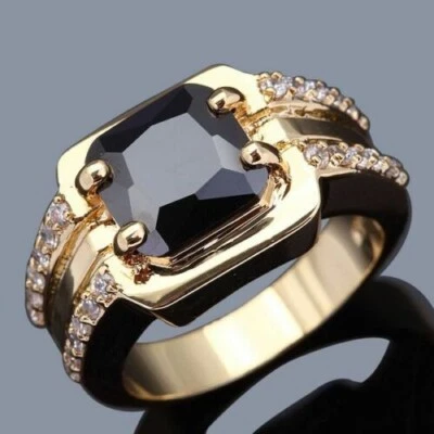 Halo 尺寸 7 Princess Cut Halo 黑色蓝宝石 18K 镀金男式结婚戒指 — 第 1/4 张图片