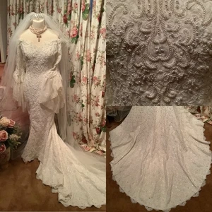 BoHo Ivory Lace Beaded Wedding Dress Mermaid Long train Size 12 to 14 altered - Picture 1 of 24