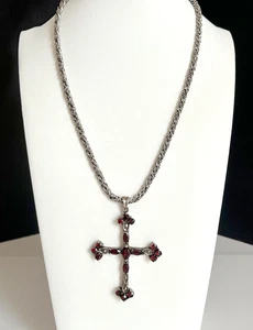 VTG Sterling Silver Garnet Cross With 18" Twisted Rope Sterling Chain Necklace - Picture 1 of 8