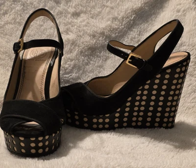 Sandalias de plataforma de cuña Ollie de gamuza Tory Burch de cuero negro tostado a lunares talla 6M Foto 1 de 4