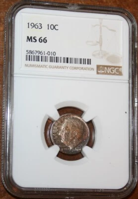USA 1963 Roosevelt Silver Dime NGC Graded MS 66 Nicely Toned Gem Coin  - Image 1 of 2