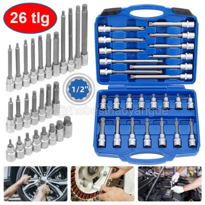 26 Tlg Innenvielzahn Steckschlüssel Satz Nuss Werkzeug Bit Nüsse lang kurz 1/2" - Bild 1 von 4
