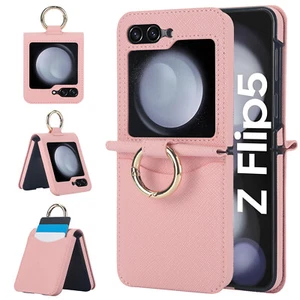 For Samsung Galaxy Flip6 Flip5 Flip4 3 Cover Leather Ring Stand Card Holder Case - Picture 1 of 28
