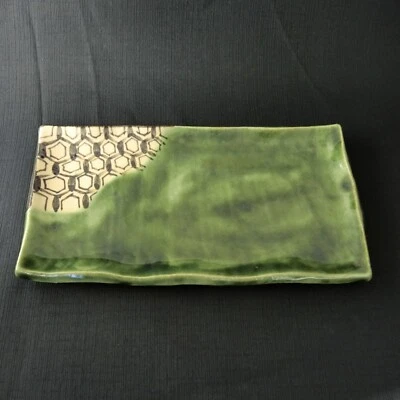 Rechteckiger Teller Oribe Grün 24x12,5cm Kyoto Kiyomizu Ware - Bild 1 von 4