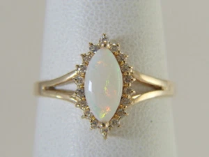 14K Yellow Gold Natural Opal Marquise Cabochon and Diamond Halo Ring Size 7.75 - Picture 1 of 11