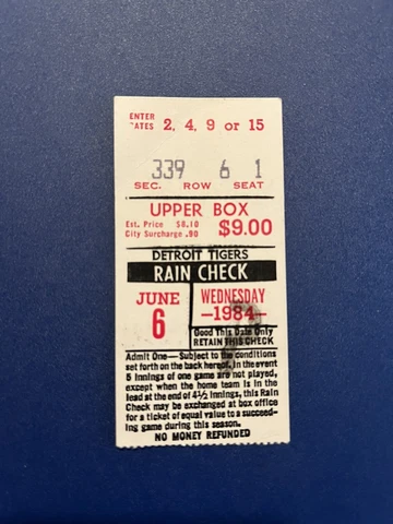Vintage Detroit Tigers Rain Check Ticket Stub June 6 1984 World Series Champions Cover