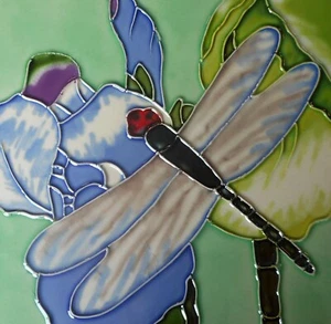 Dragonfly  hand painted ceramic art tile 8 x 8 inches with fiberboard back - Picture 1 of 2
