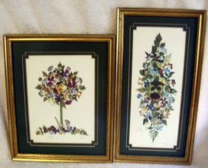Pair Vintage Floral Watercolor Print Pencil Signed & Numbered by Marion - Picture 1 of 7