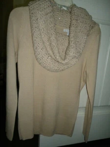 NY & Co Cowl neck sweater, Beige, tan, taupe with sequins, party wear or w/jeans - Picture 1 of 4