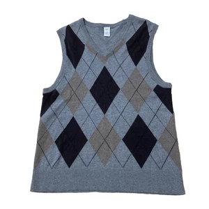 GAP Argyle Sweater Vest Wool Blend Men S Gray Brown Knit V Neck Pullover S 38" - Picture 1 of 21