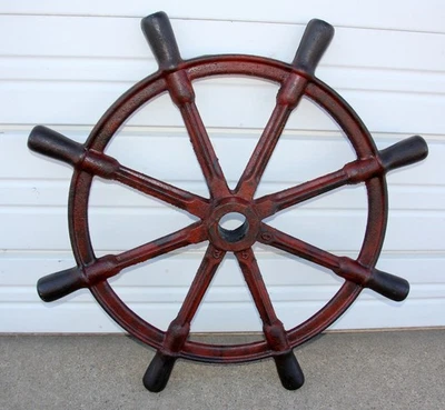 Antique Large Red Solid Cast Iron 8 Spoke 28" Nautical Ship Wheel 356 Industrial - Image 1 of 4