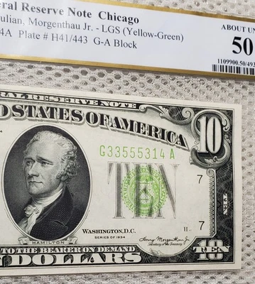 1934 $10 Federal Reserve Note LGS Light Lime Green Seal Chicago, IL PCGS 50 Nice - Image 1 of 4