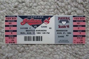 BOLETO COMPLETO DE CLEVELAND INDIANS VS SEATTLE MARINERS 21/08/1994 ~ SIN JUEGO (HUELGA) - Imagen 1 de 1