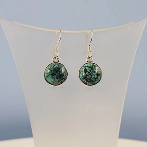 Natural Turquoise Silver Earrings, Semi Precious Pattern Cabochon Gemstones, - Picture 1 of 4